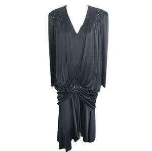 80s Abby Kent Black Cocktail Dress Sz 16 Glam Draped Sequinned Drop Waist Midi